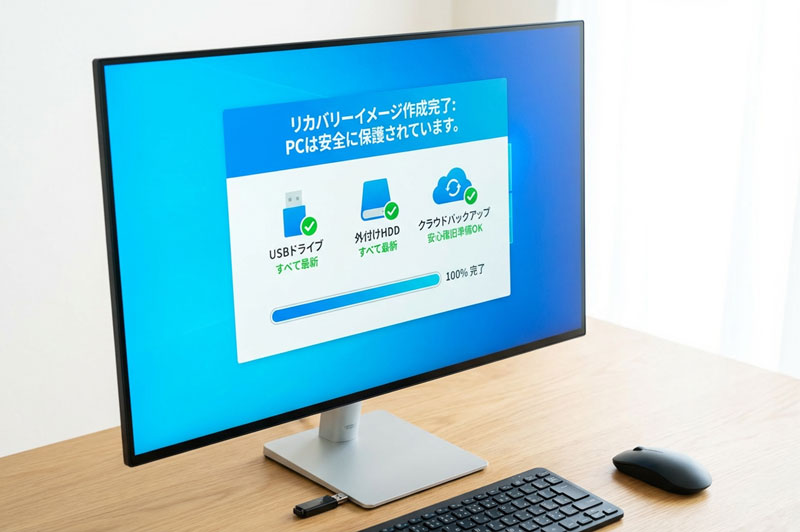 リカバリーイメージ作成の完了を通知するパソコンの画面